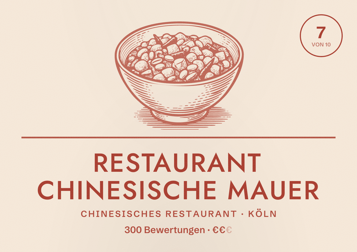 Illustriertes Poster von Restaurant Chinesische Mauer, Chinesisches Restaurant in Köln: Bewertung 7,0 von 10 aus 300 Bewertungen, Preisniveau €€