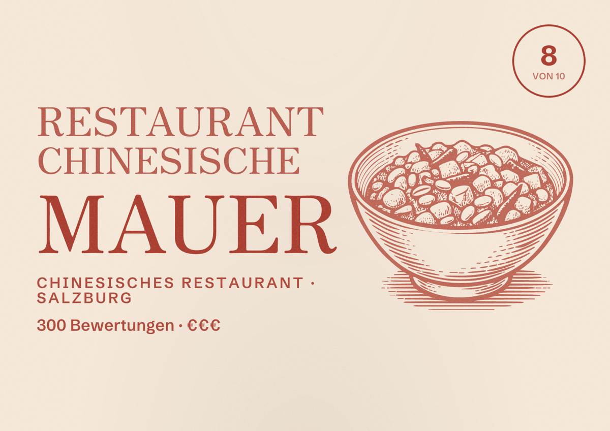 Illustriertes Poster von Restaurant Chinesische Mauer, Chinesisches Restaurant in Salzburg: Bewertung 8 von 10 aus 300 Bewertungen, Preisniveau €€€
