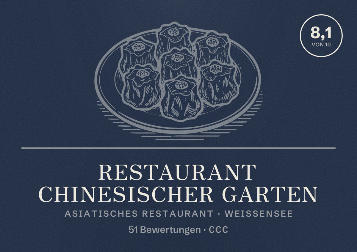Illustriertes Poster von Restaurant Chinesischer Garten, Asiatisches Restaurant in Weißensee: Bewertung 8,1 von 10 aus 51 Bewertungen, Preisniveau €€€