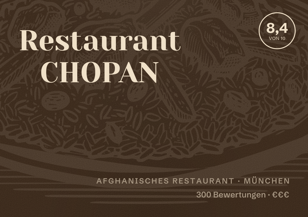 Illustriertes Poster von Restaurant CHOPAN, Afghanisches Restaurant in München: Bewertung 8,4 von 10 aus 300 Bewertungen, Preisniveau €€€