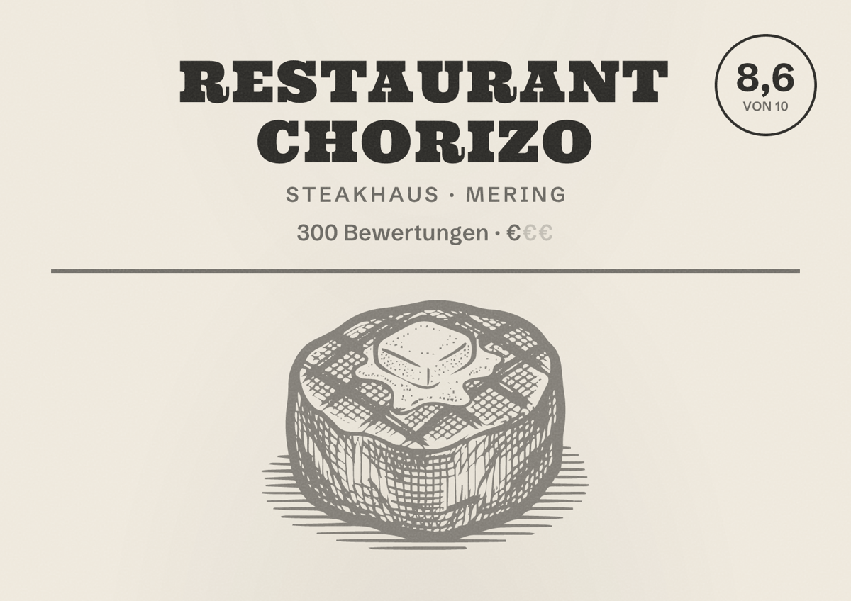 Illustriertes Poster von Restaurant Chorizo, Steakhaus in Mering: Bewertung 8,6 von 10 aus 300 Bewertungen, Preisniveau €