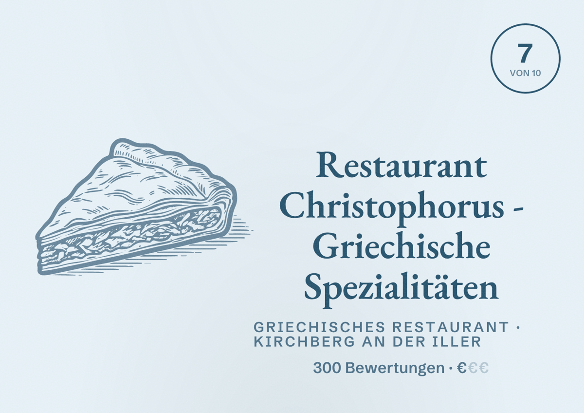 Illustriertes Poster von Restaurant Christophorus - Griechische Spezialitäten, Griechisches Restaurant in Kirchberg an der Iller: Bewertung 7 von 10 aus 300 Bewertungen, Preisniveau €