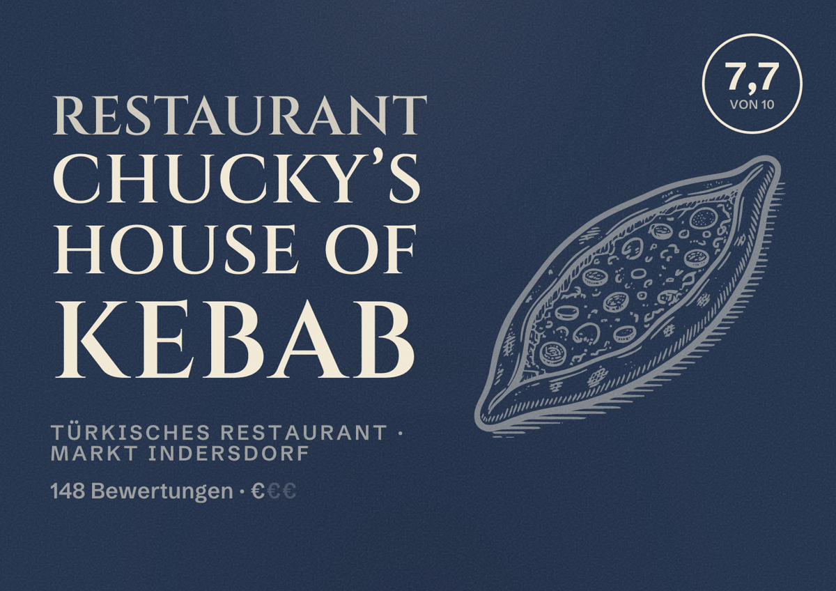 Illustriertes Poster von Restaurant Chucky’s House of Kebab, Türkisches Restaurant in Markt Indersdorf: Bewertung 7,7 von 10 aus 148 Bewertungen, Preisniveau €