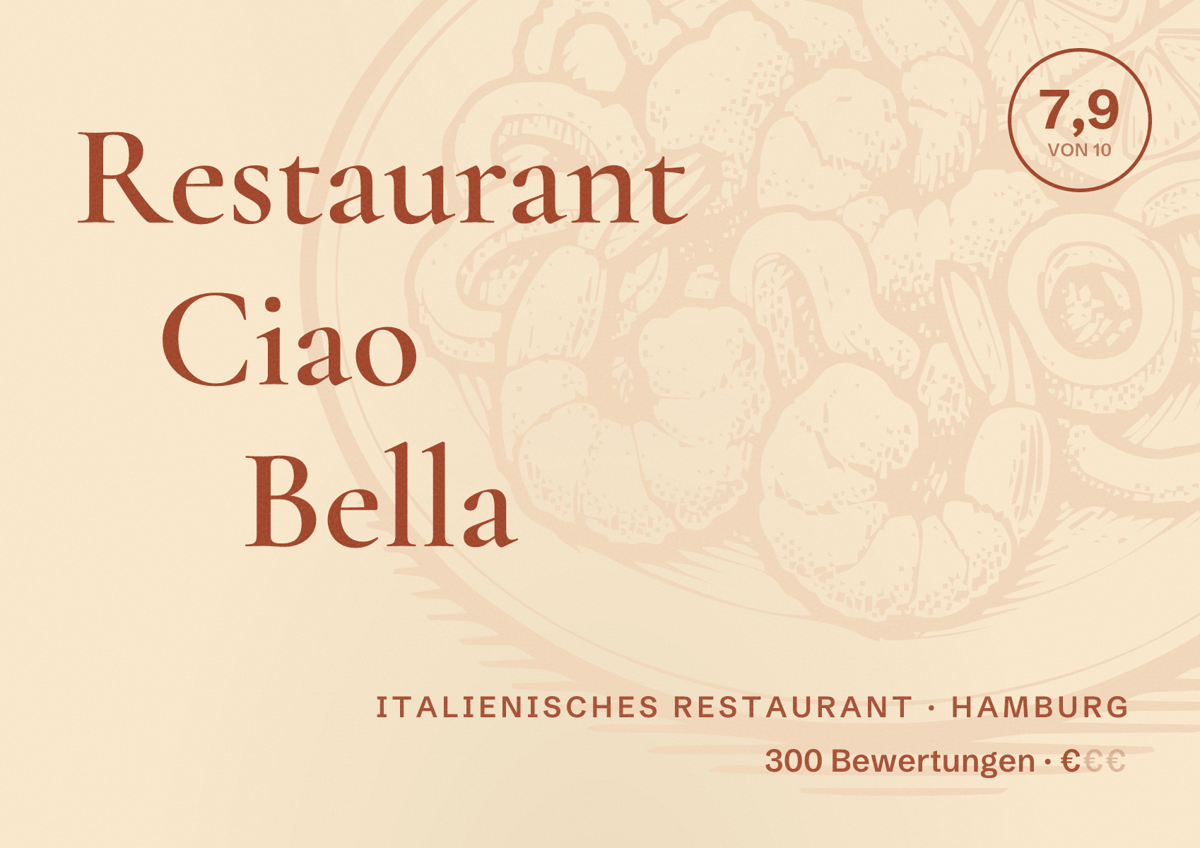 Illustriertes Poster von Restaurant Ciao Bella, Italienisches Restaurant in Hamburg: Bewertung 7,9 von 10 aus 300 Bewertungen, Preisniveau €