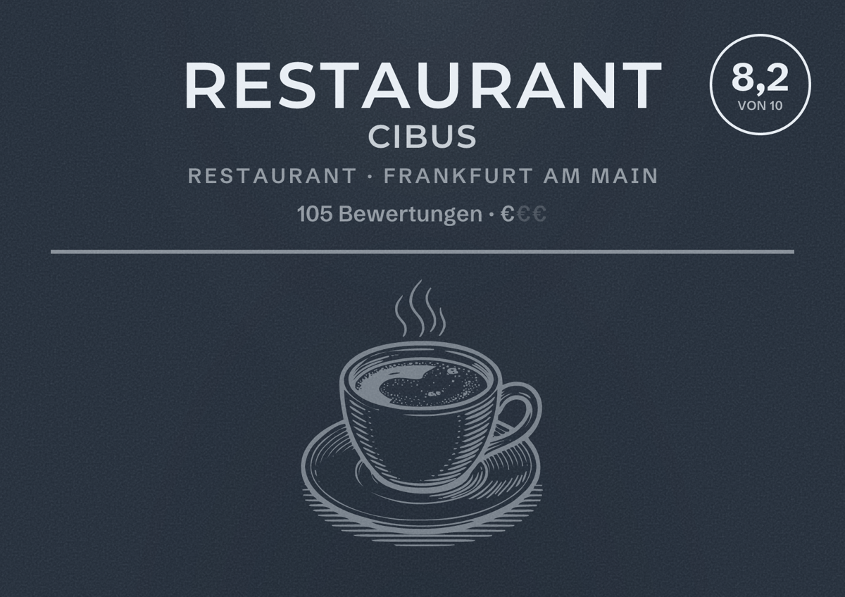 Illustriertes Poster von Restaurant Cibus, Restaurant in Frankfurt am Main: Bewertung 8,2 von 10 aus 105 Bewertungen, Preisniveau €
