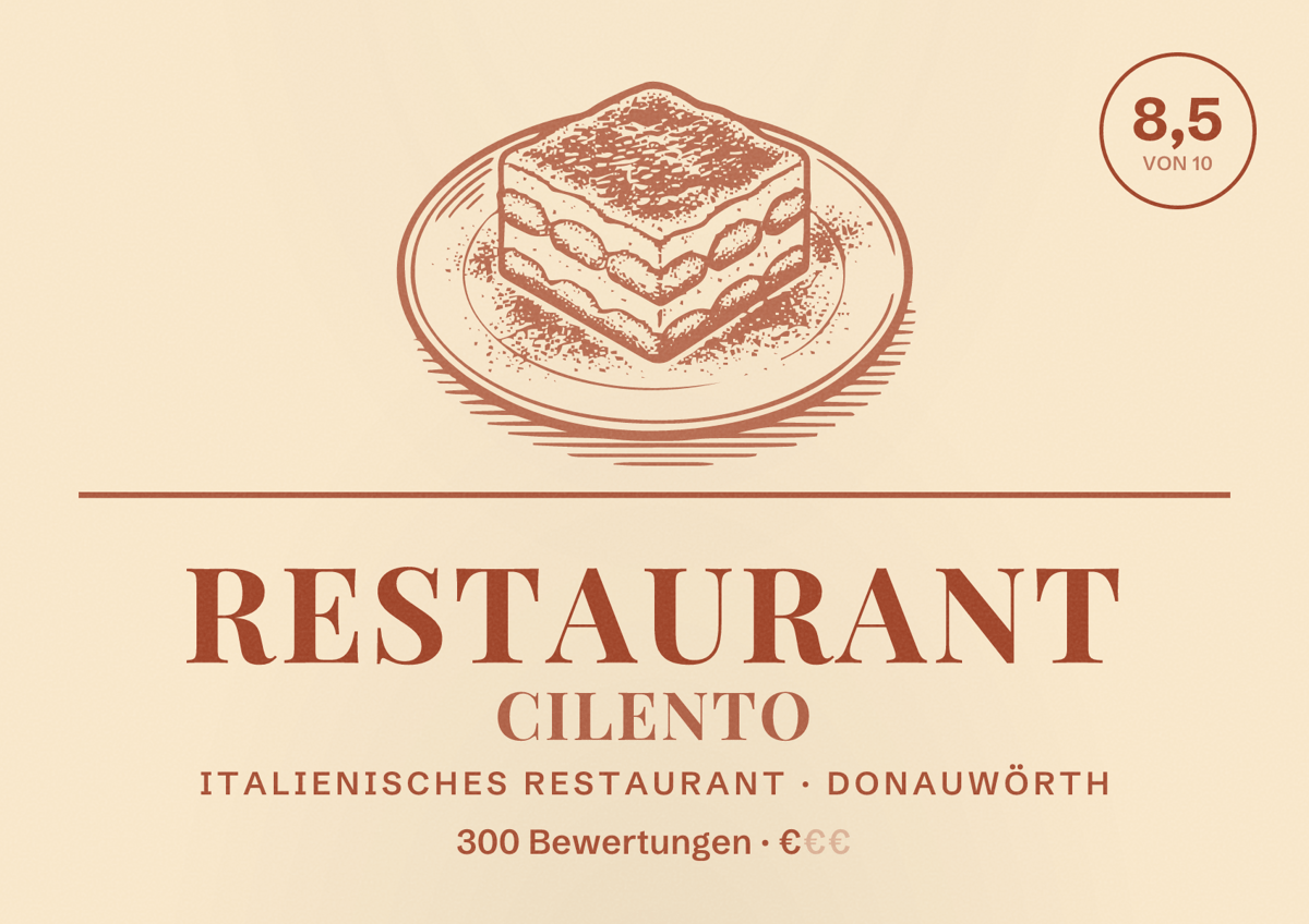 Illustriertes Poster von Restaurant Cilento, Italienisches Restaurant in Donauwörth: Bewertung 8,5 von 10 aus 300 Bewertungen, Preisniveau €