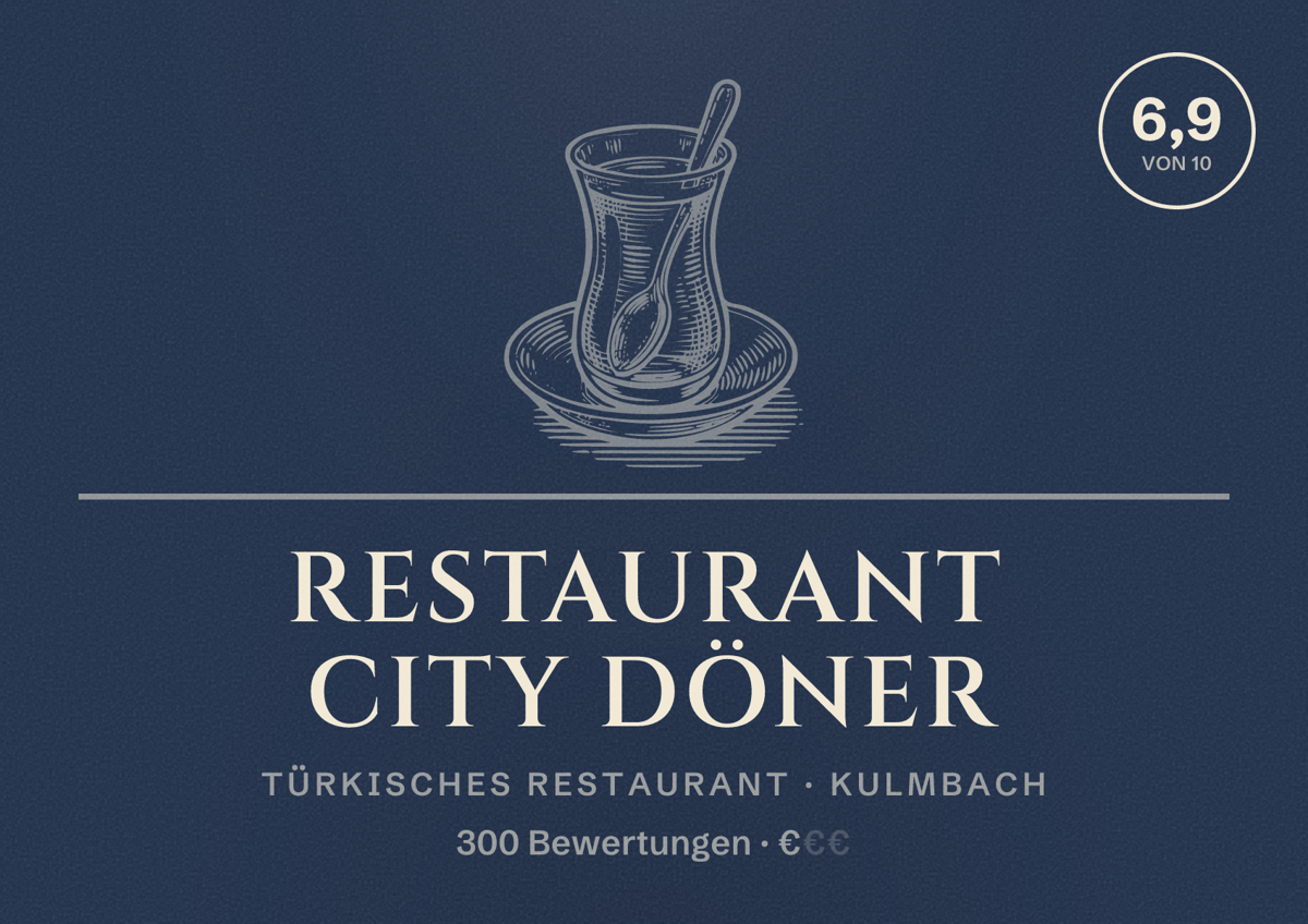 Illustriertes Poster von Restaurant City Döner, Türkisches Restaurant in Kulmbach: Bewertung 6,9 von 10 aus 300 Bewertungen, Preisniveau €