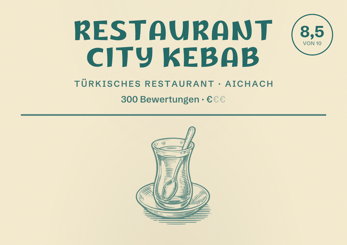 Illustriertes Poster von Restaurant City Kebab, Türkisches Restaurant in Aichach: Bewertung 8,5 von 10 aus 300 Bewertungen, Preisniveau €