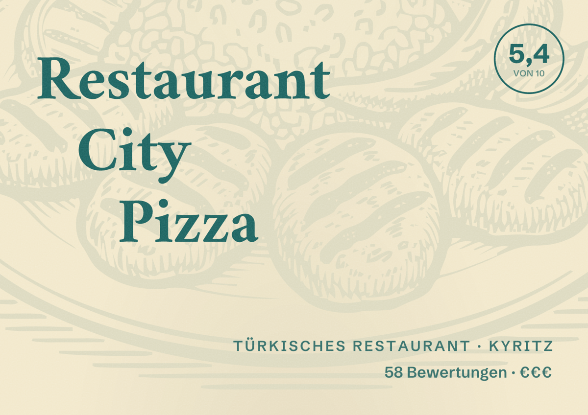 Illustriertes Poster von Restaurant City Pizza, Türkisches Restaurant in Kyritz: Bewertung 5,4 von 10 aus 58 Bewertungen, Preisniveau €€€