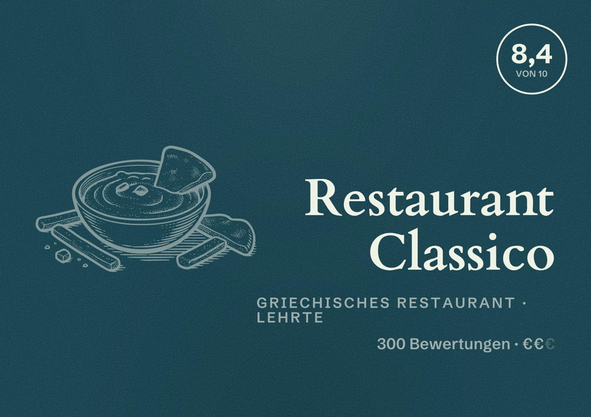 Illustriertes Poster von Restaurant Classico, Griechisches Restaurant in Lehrte: Bewertung 8,4 von 10 aus 300 Bewertungen, Preisniveau €€