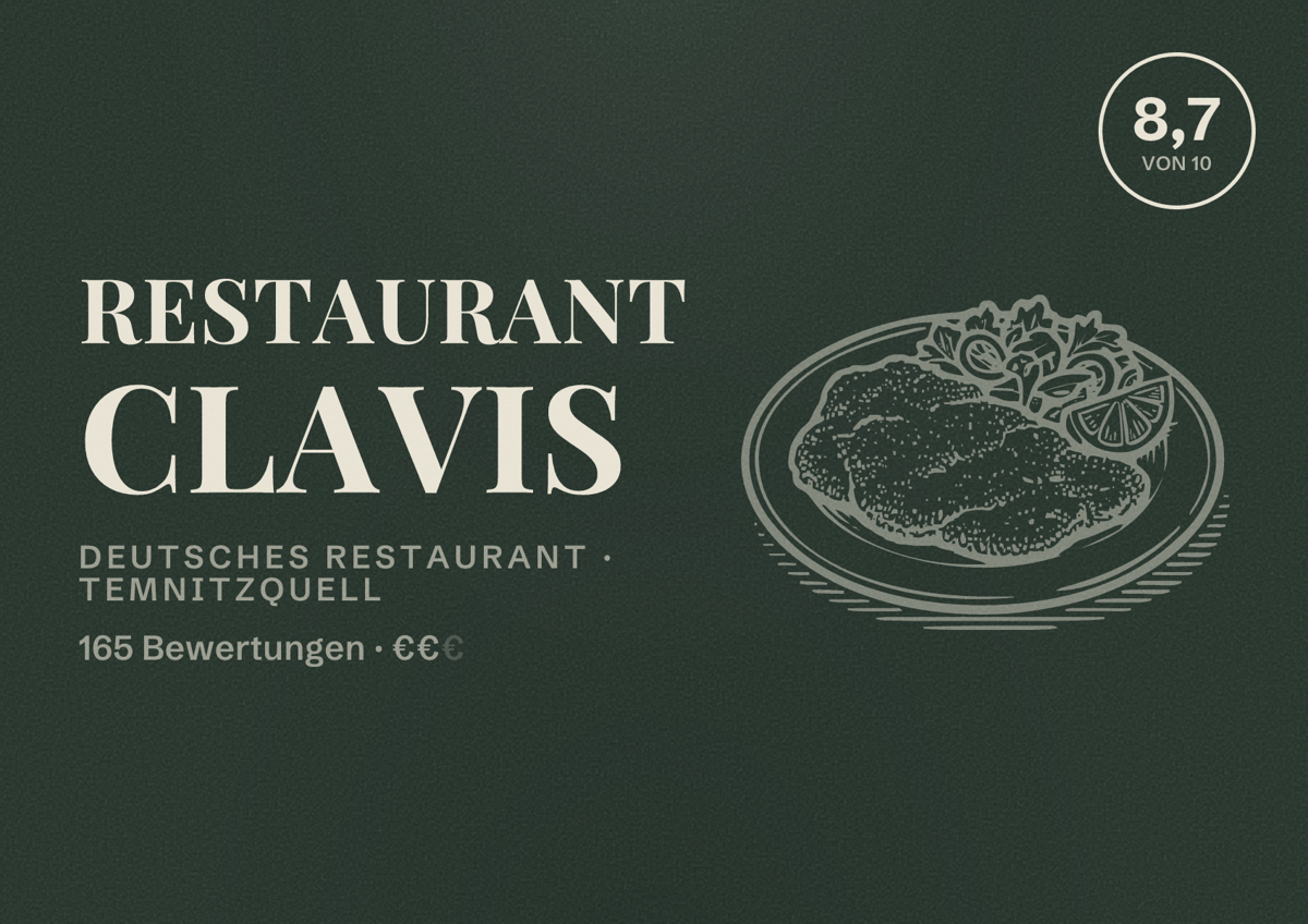 Illustriertes Poster von Restaurant Clavis, Deutsches Restaurant in Temnitzquell: Bewertung 8,7 von 10 aus 165 Bewertungen, Preisniveau €€