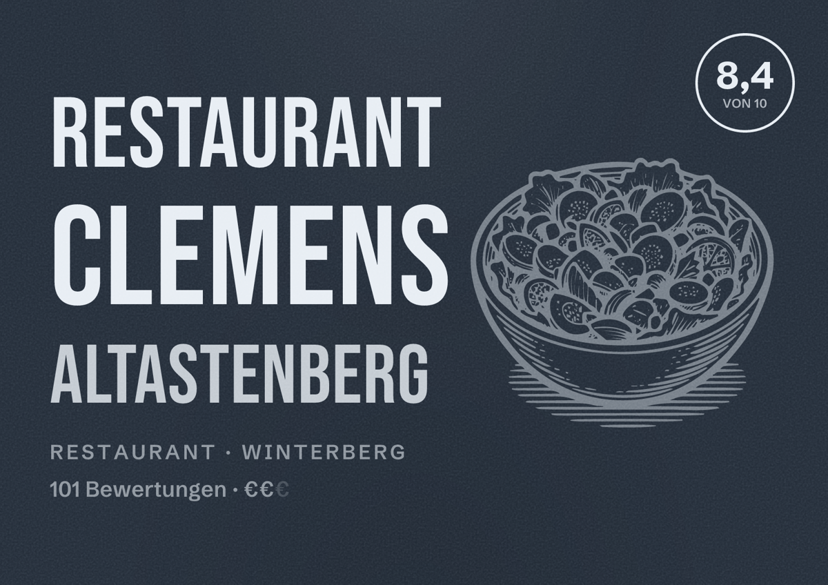 Illustriertes Poster von Restaurant Clemens Altastenberg, Restaurant in Winterberg: Bewertung 8,4 von 10 aus 101 Bewertungen, Preisniveau €€