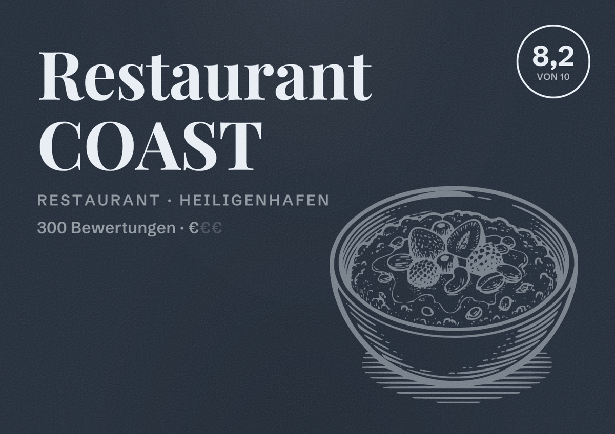 Illustriertes Poster von Restaurant COAST, Restaurant in Heiligenhafen: Bewertung 8,2 von 10 aus 300 Bewertungen, Preisniveau €