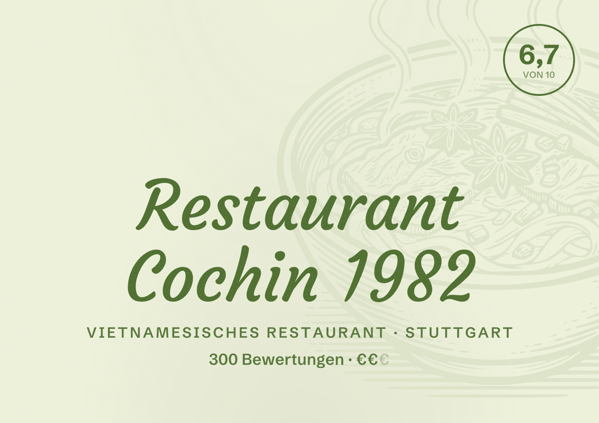 Illustriertes Poster von Restaurant Cochin 1982, Vietnamesisches Restaurant in Stuttgart: Bewertung 6,7 von 10 aus 300 Bewertungen, Preisniveau €€
