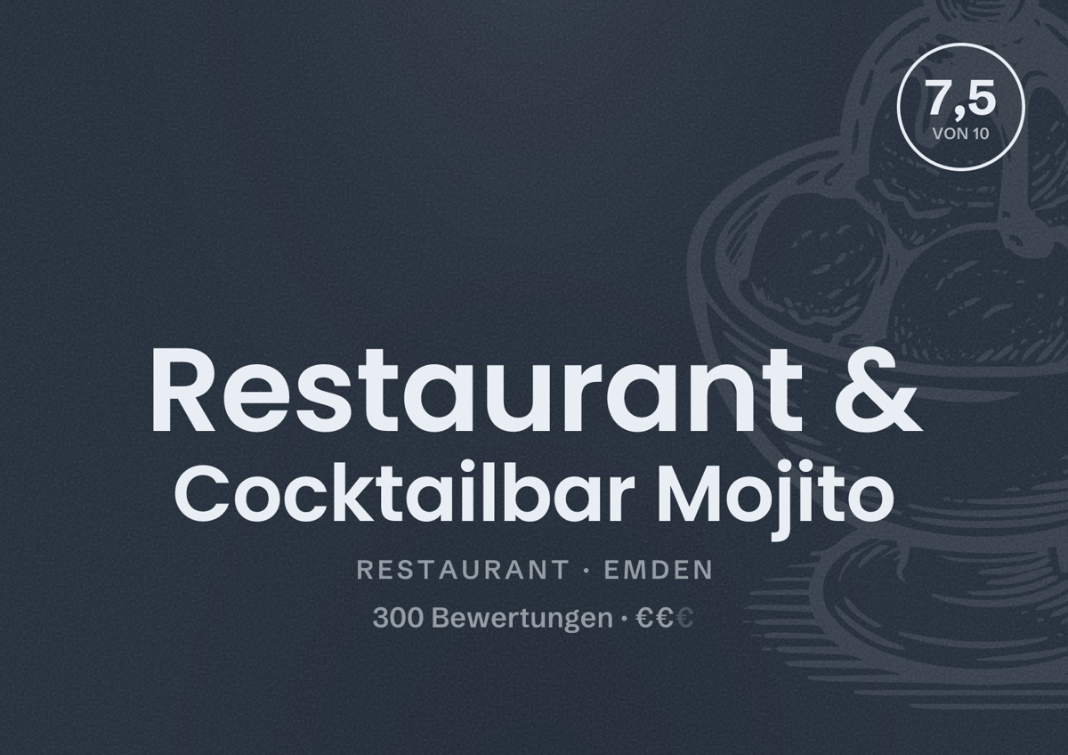 Illustriertes Poster von Restaurant & Cocktailbar Mojito, Restaurant in Emden: Bewertung 7,5 von 10 aus 300 Bewertungen, Preisniveau €€