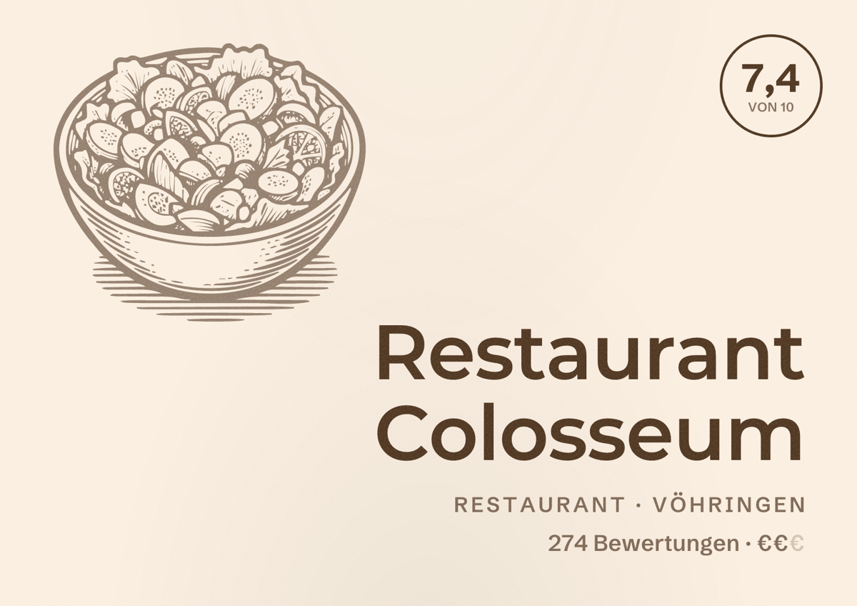 Illustriertes Poster von Restaurant Colosseum, Restaurant in Vöhringen: Bewertung 7,4 von 10 aus 274 Bewertungen, Preisniveau €€