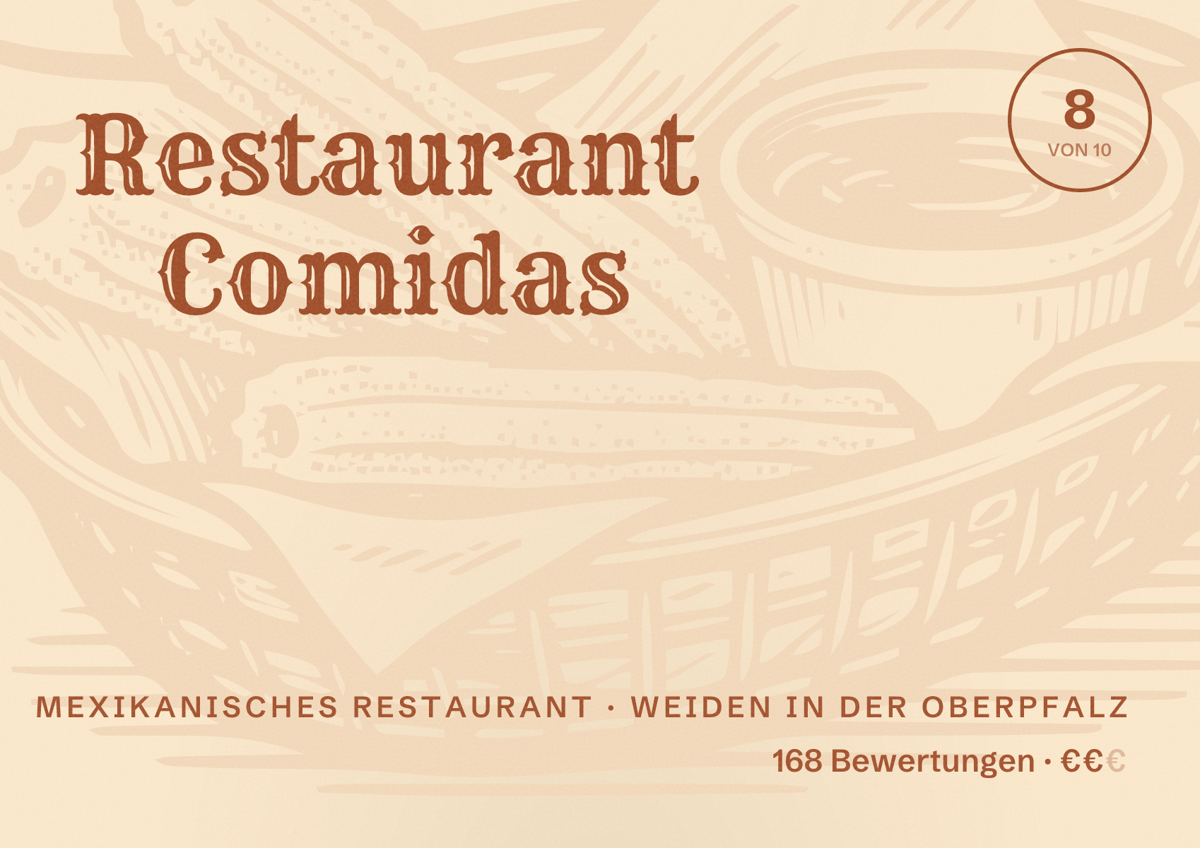 Illustriertes Poster von Restaurant Comidas, Mexikanisches Restaurant in Weiden in der Oberpfalz: Bewertung 8 von 10 aus 168 Bewertungen, Preisniveau €€