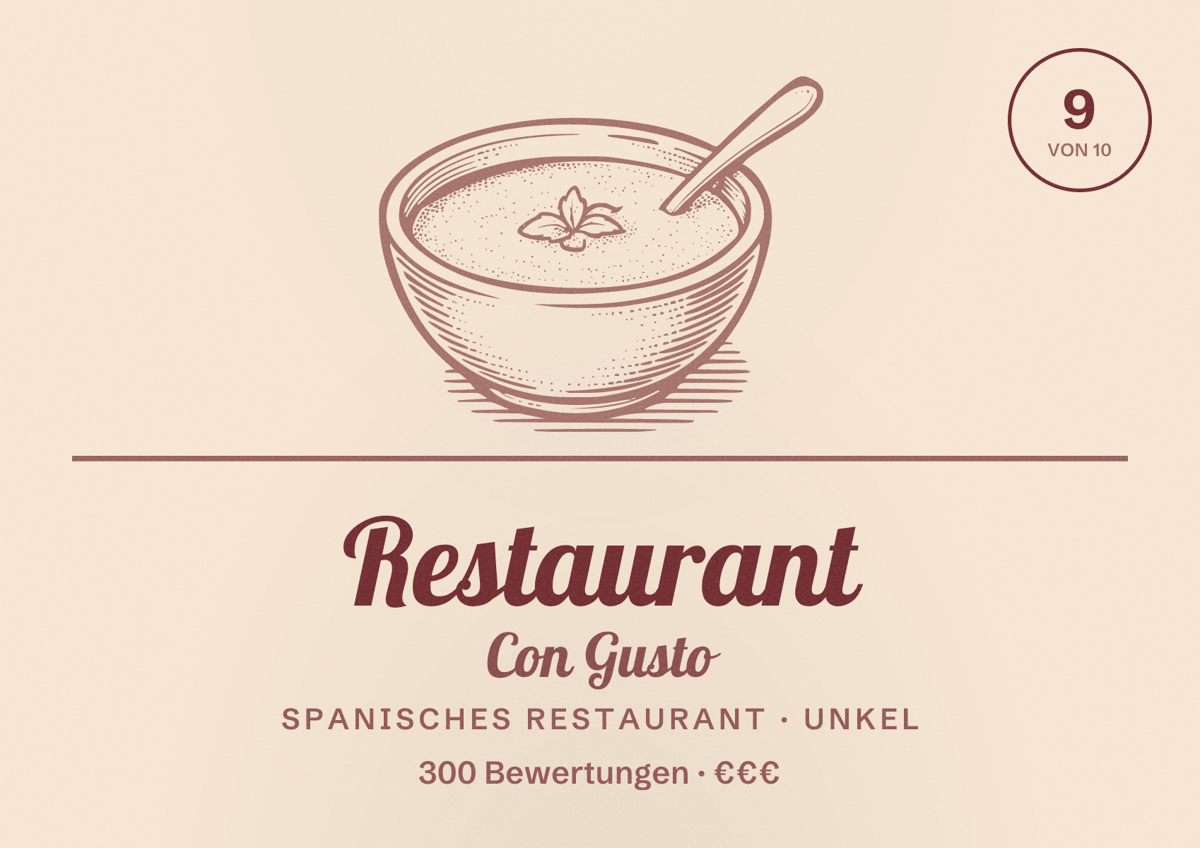 Illustriertes Poster von Restaurant Con Gusto, Spanisches Restaurant in Unkel: Bewertung 9 von 10 aus 300 Bewertungen, Preisniveau €€€