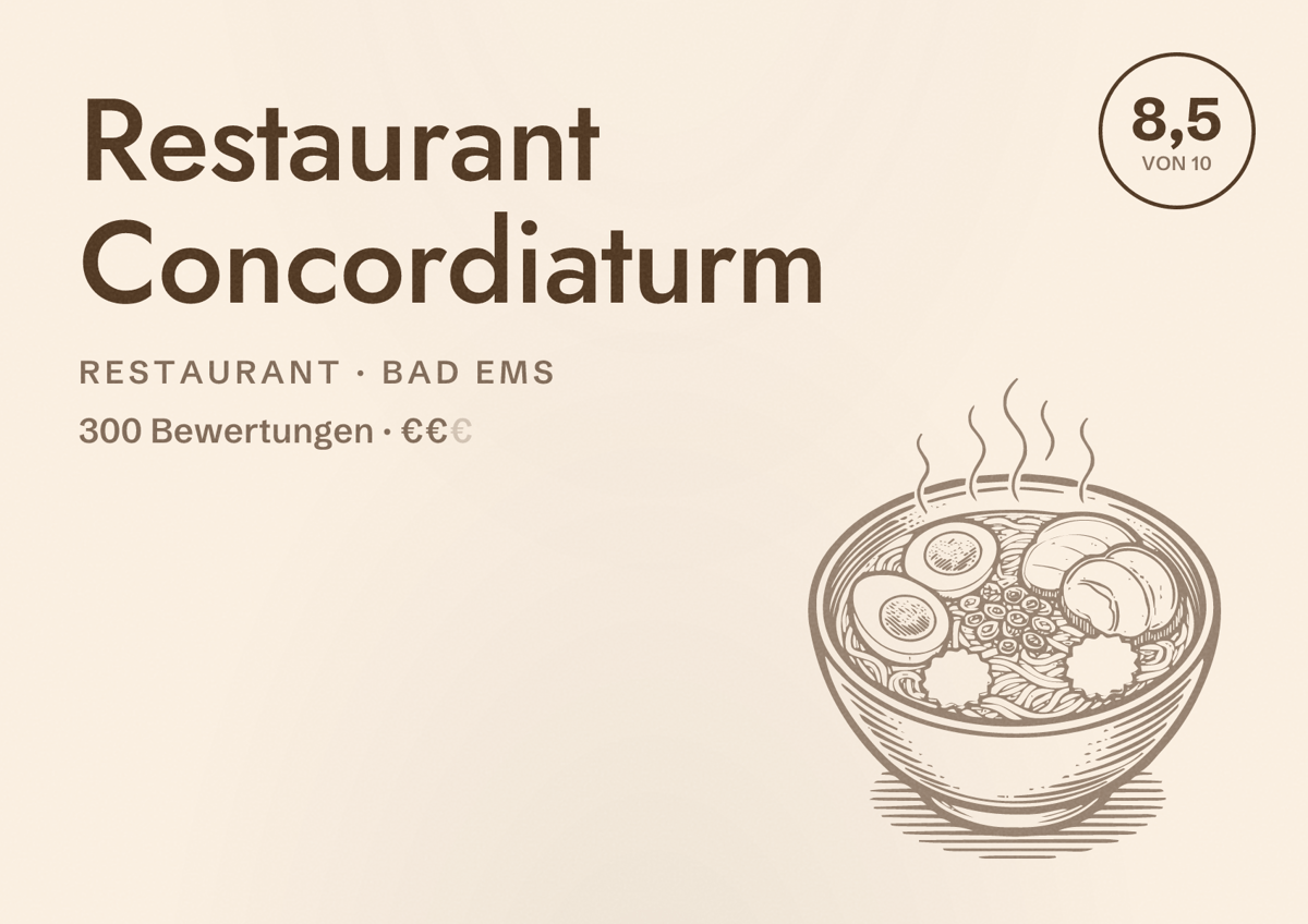 Illustriertes Poster von Restaurant Concordiaturm, Restaurant in Bad Ems: Bewertung 8,5 von 10 aus 300 Bewertungen, Preisniveau €€