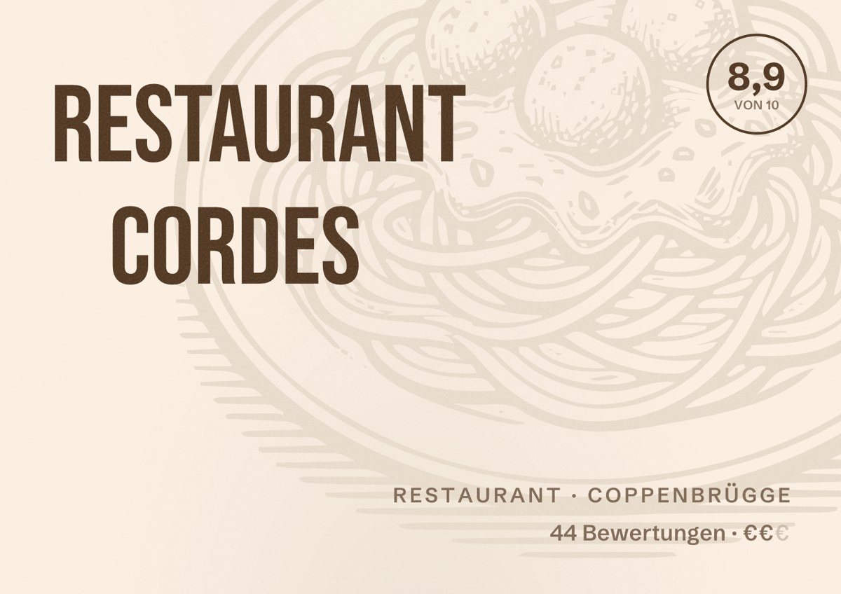 Illustriertes Poster von Restaurant Cordes, Restaurant in Coppenbrügge: Bewertung 8,9 von 10 aus 44 Bewertungen, Preisniveau €€