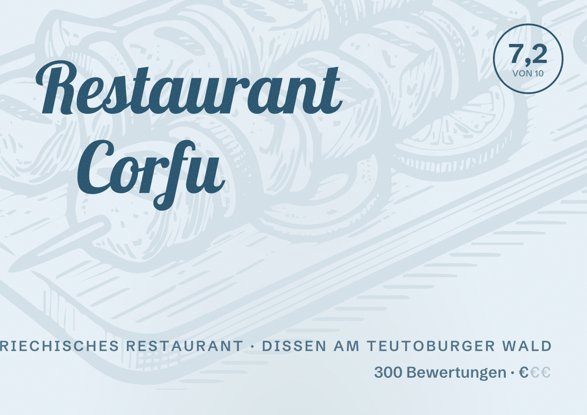 Illustriertes Poster von Restaurant Corfu, Griechisches Restaurant in Dissen am Teutoburger Wald: Bewertung 7,2 von 10 aus 300 Bewertungen, Preisniveau €
