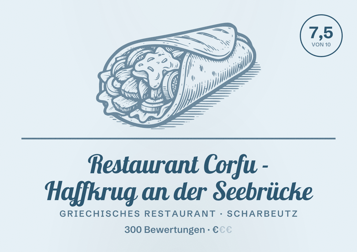 Illustriertes Poster von Restaurant Corfu - Haffkrug an der Seebrücke, Griechisches Restaurant in Scharbeutz: Bewertung 7,5 von 10 aus 300 Bewertungen, Preisniveau €