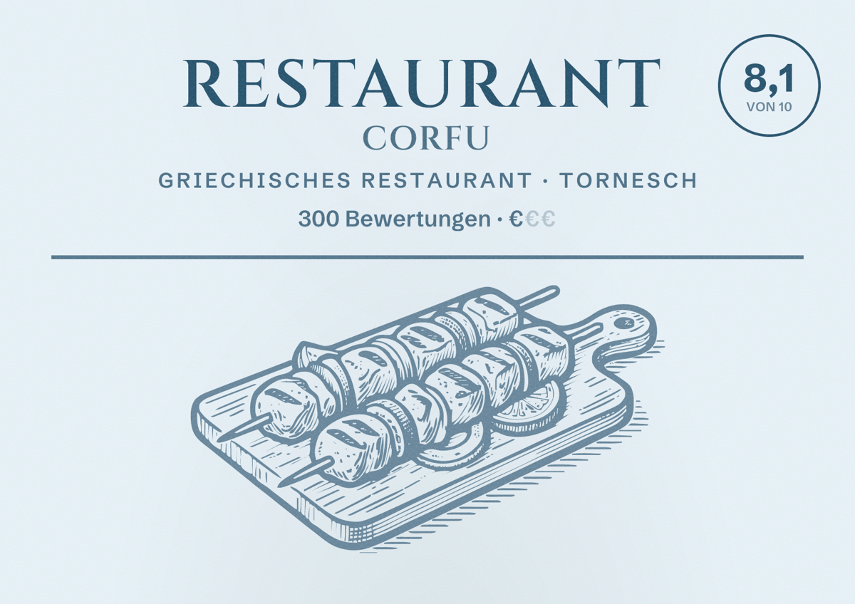 Illustriertes Poster von Restaurant Corfu, Griechisches Restaurant in Tornesch: Bewertung 8,1 von 10 aus 300 Bewertungen, Preisniveau €