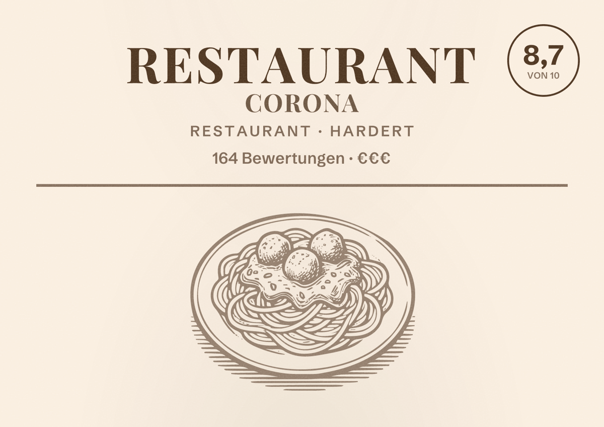 Illustriertes Poster von Restaurant Corona, Restaurant in Hardert: Bewertung 8,7 von 10 aus 164 Bewertungen, Preisniveau €€€