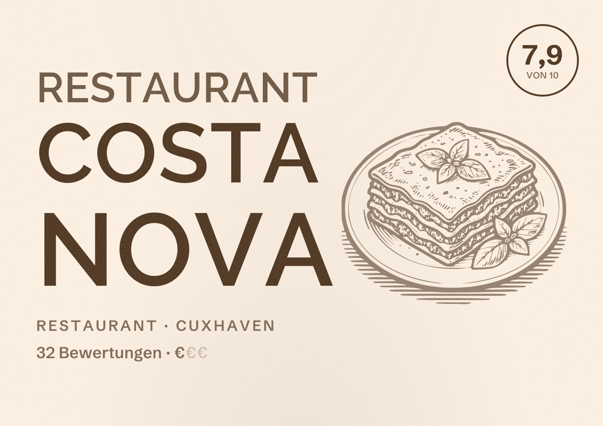 Illustriertes Poster von Restaurant Costa Nova, Restaurant in Cuxhaven: Bewertung 7,9 von 10 aus 32 Bewertungen, Preisniveau €
