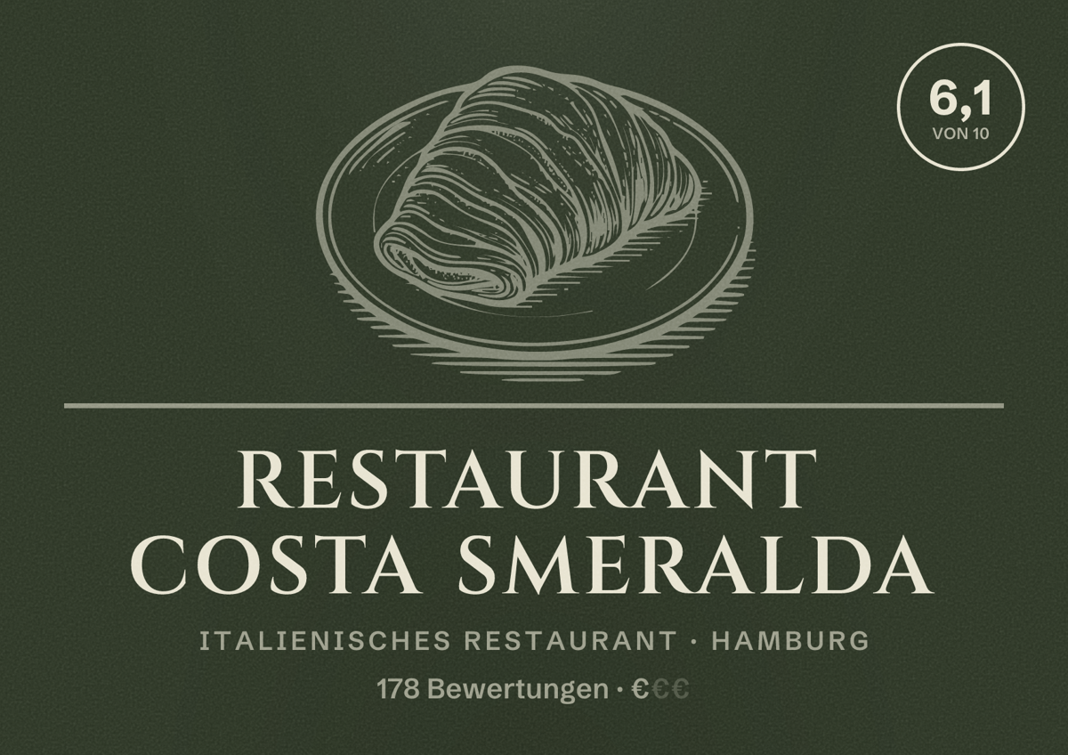 Illustriertes Poster von Restaurant Costa Smeralda, Italienisches Restaurant in Hamburg: Bewertung 6,1 von 10 aus 178 Bewertungen, Preisniveau €