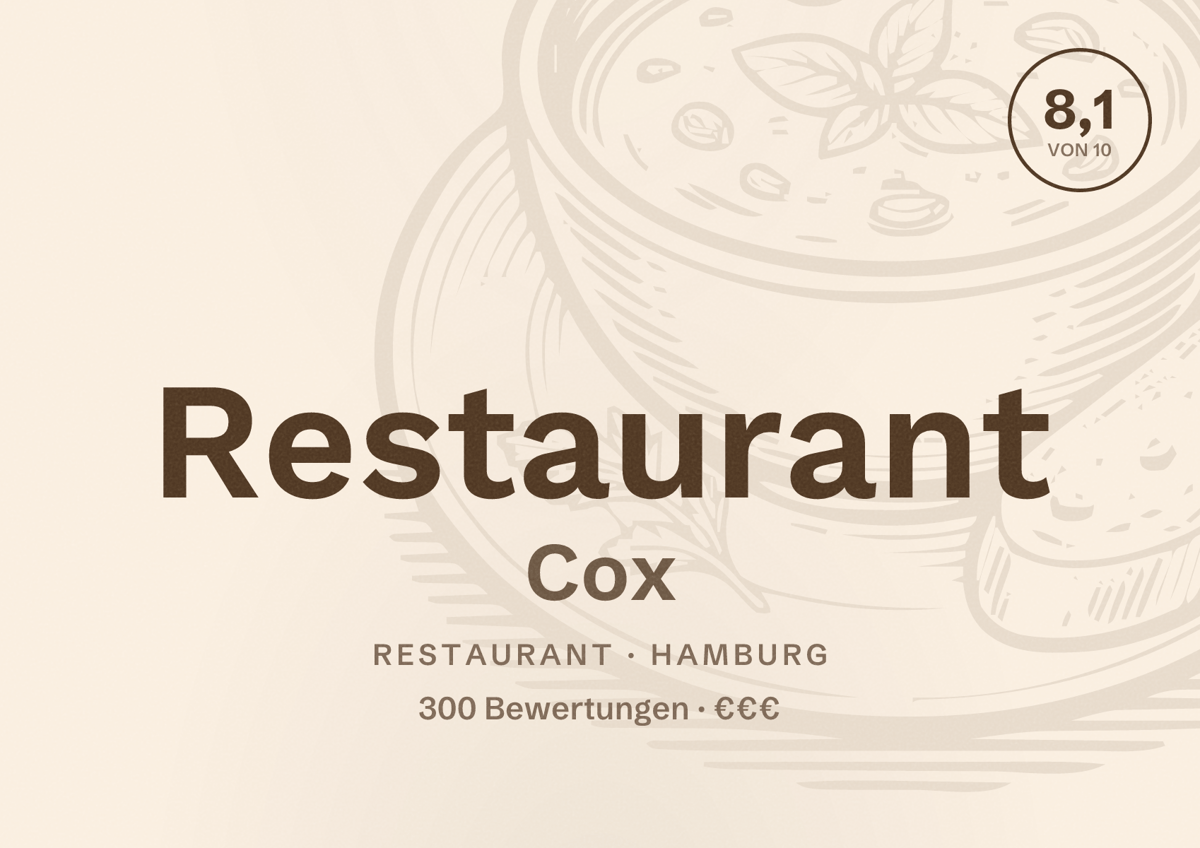 Illustriertes Poster von Restaurant Cox, Restaurant in Hamburg: Bewertung 8,1 von 10 aus 300 Bewertungen, Preisniveau €€€
