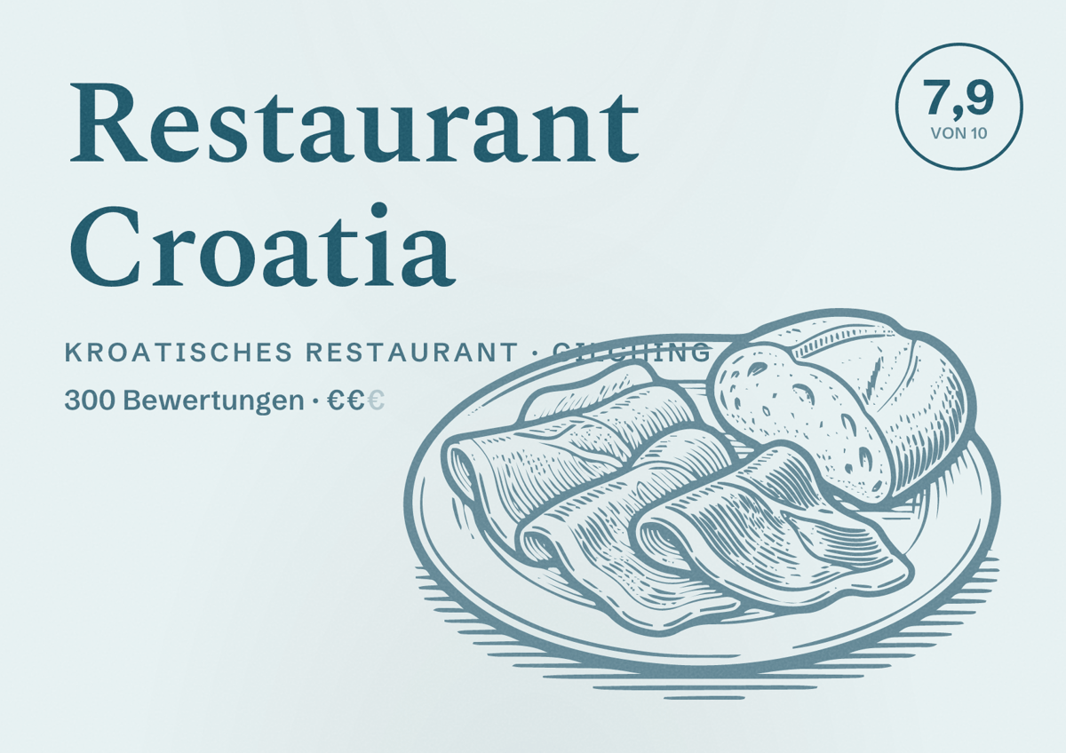 Illustriertes Poster von Restaurant Croatia, Kroatisches Restaurant in Gilching: Bewertung 7,9 von 10 aus 300 Bewertungen, Preisniveau €€