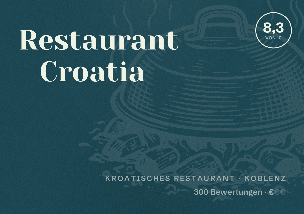 Illustriertes Poster von Restaurant Croatia, Kroatisches Restaurant in Koblenz: Bewertung 8,3 von 10 aus 300 Bewertungen, Preisniveau €