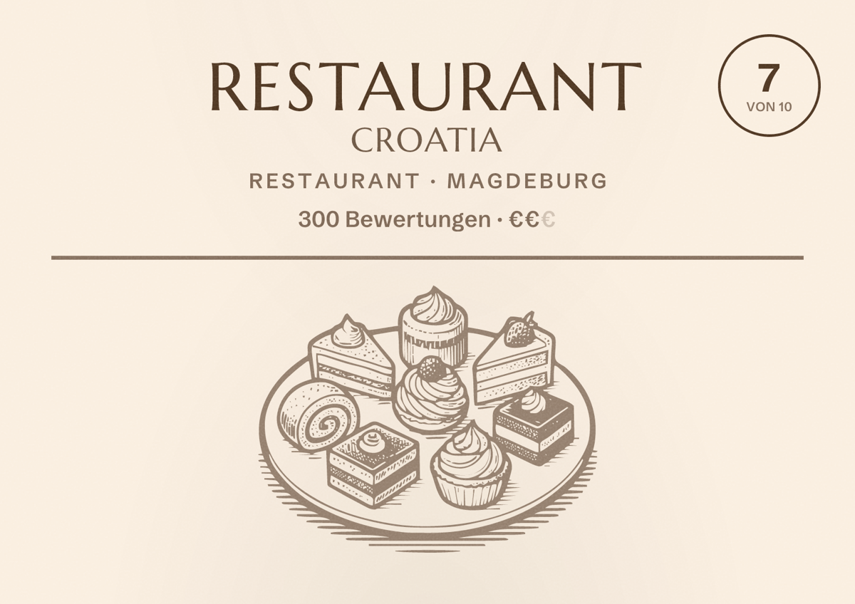 Illustriertes Poster von Restaurant Croatia, Restaurant in Magdeburg: Bewertung 7 von 10 aus 300 Bewertungen, Preisniveau €€