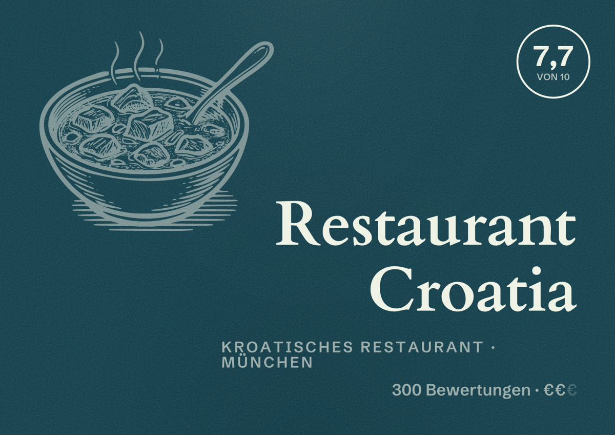 Illustriertes Poster von Restaurant Croatia, Kroatisches Restaurant in München: Bewertung 7,7 von 10 aus 300 Bewertungen, Preisniveau €€