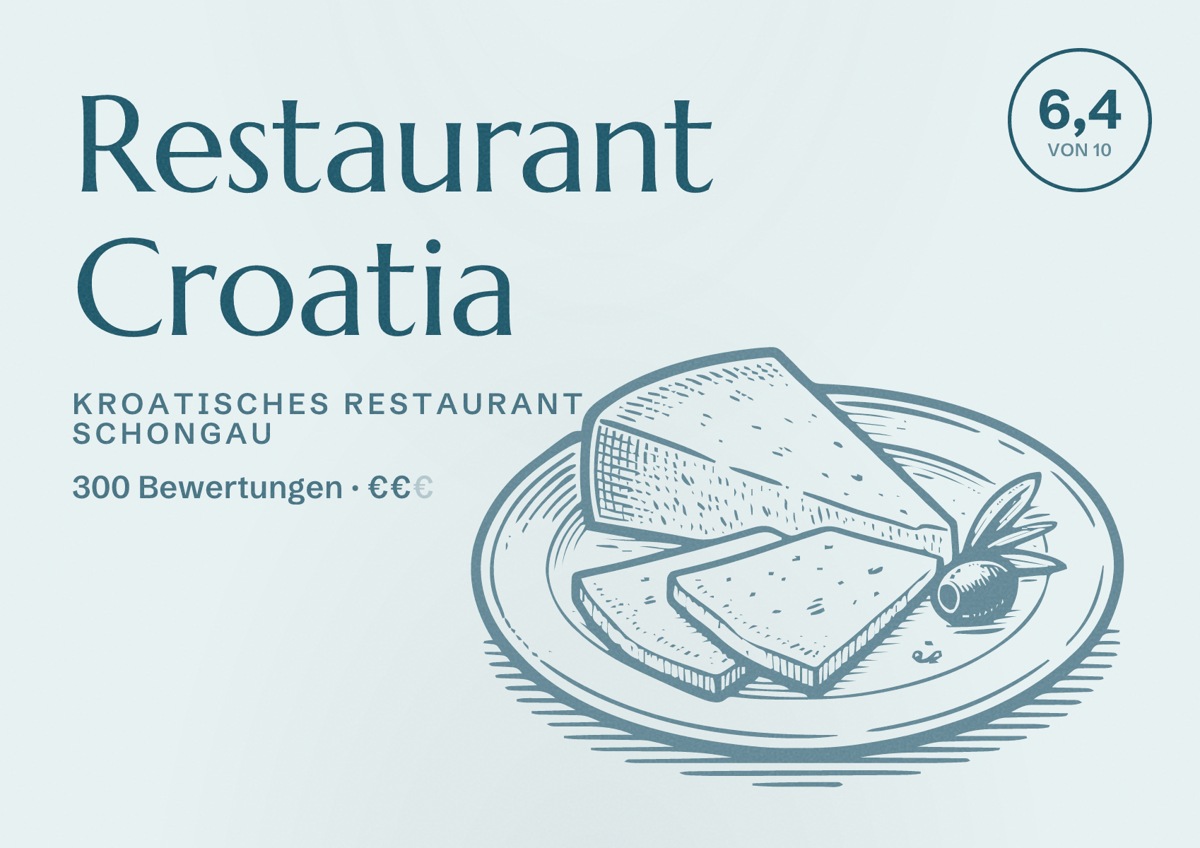 Illustriertes Poster von Restaurant Croatia, Kroatisches Restaurant in Schongau: Bewertung 6,4 von 10 aus 300 Bewertungen, Preisniveau €€