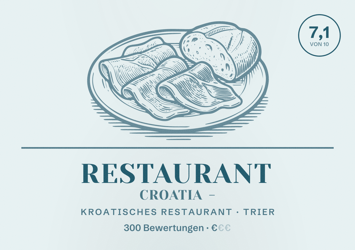 Illustriertes Poster von Restaurant Croatia -, Kroatisches Restaurant in Trier: Bewertung 7,1 von 10 aus 300 Bewertungen, Preisniveau €