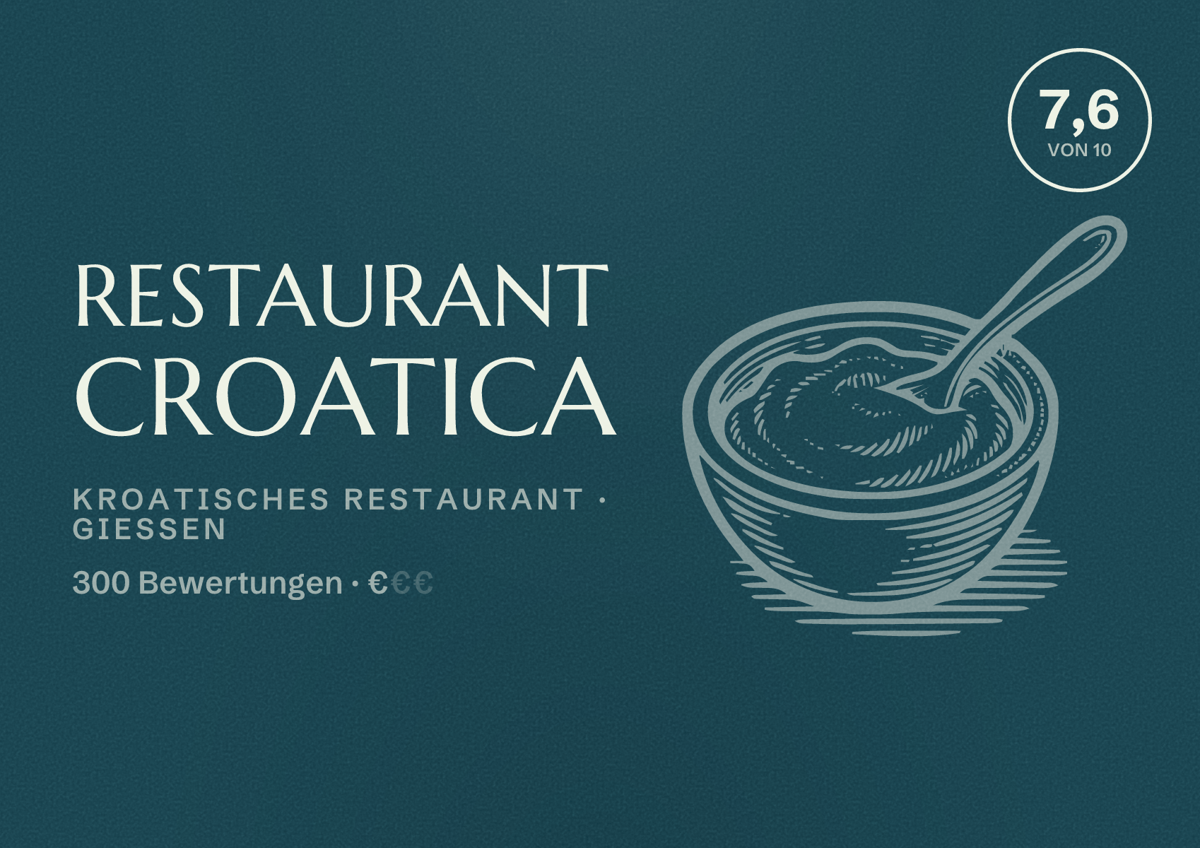 Illustriertes Poster von Restaurant CROATICA, Kroatisches Restaurant in Gießen: Bewertung 7,6 von 10 aus 300 Bewertungen, Preisniveau €