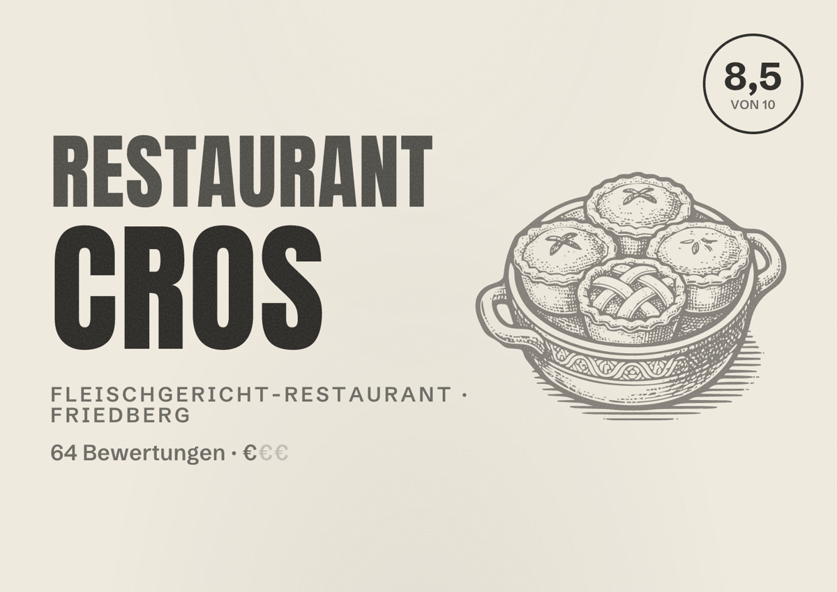 Illustriertes Poster von Restaurant CROS, Fleischgericht-Restaurant in Friedberg: Bewertung 8,5 von 10 aus 64 Bewertungen, Preisniveau €