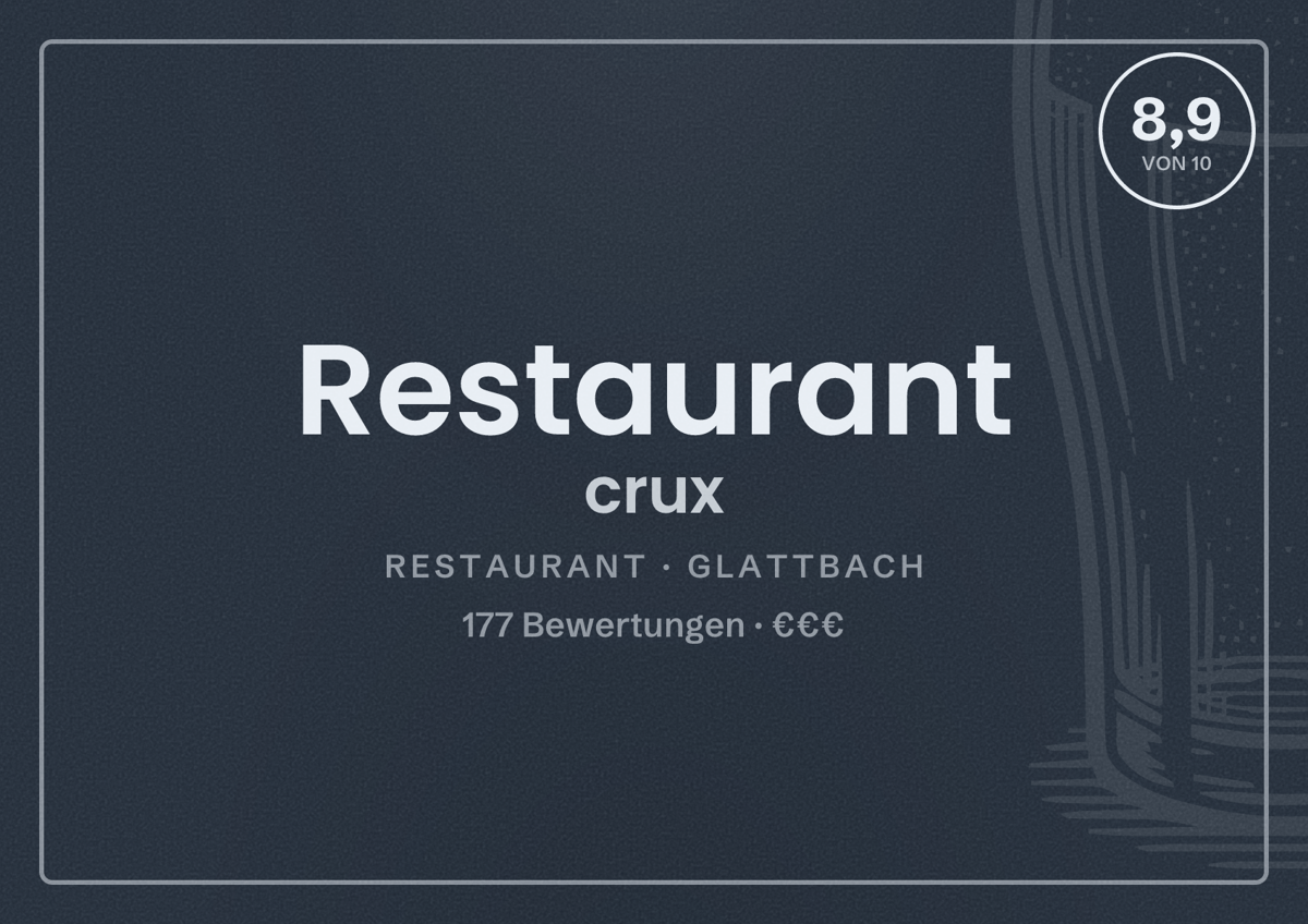 Illustriertes Poster von Restaurant crux, Restaurant in Glattbach: Bewertung 8,9 von 10 aus 177 Bewertungen, Preisniveau €€€