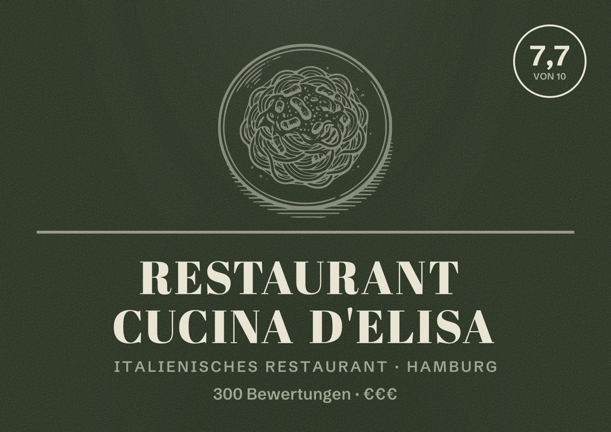 Illustriertes Poster von Restaurant Cucina d'Elisa, Italienisches Restaurant in Hamburg: Bewertung 7,7 von 10 aus 300 Bewertungen, Preisniveau €€€