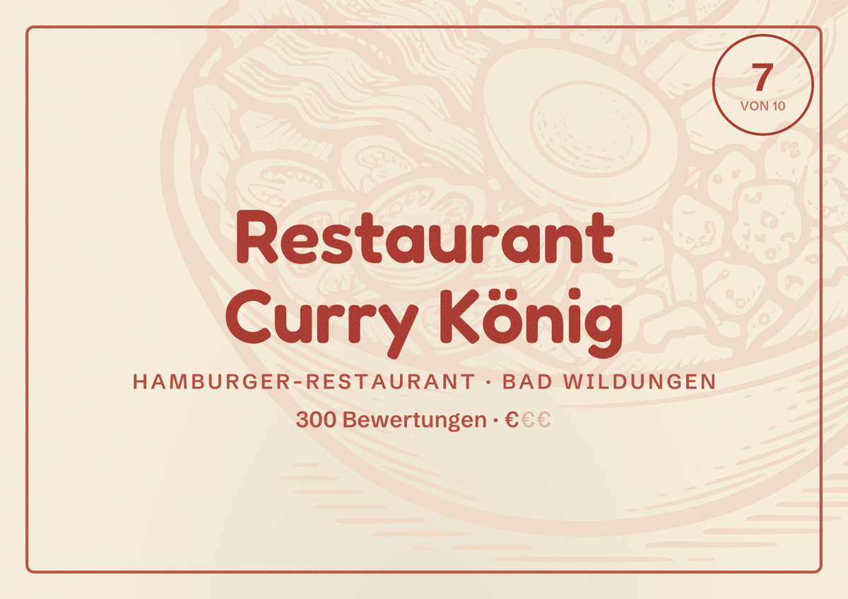 Illustriertes Poster von Restaurant Curry König, Hamburger-Restaurant in Bad Wildungen: Bewertung 7 von 10 aus 300 Bewertungen, Preisniveau €
