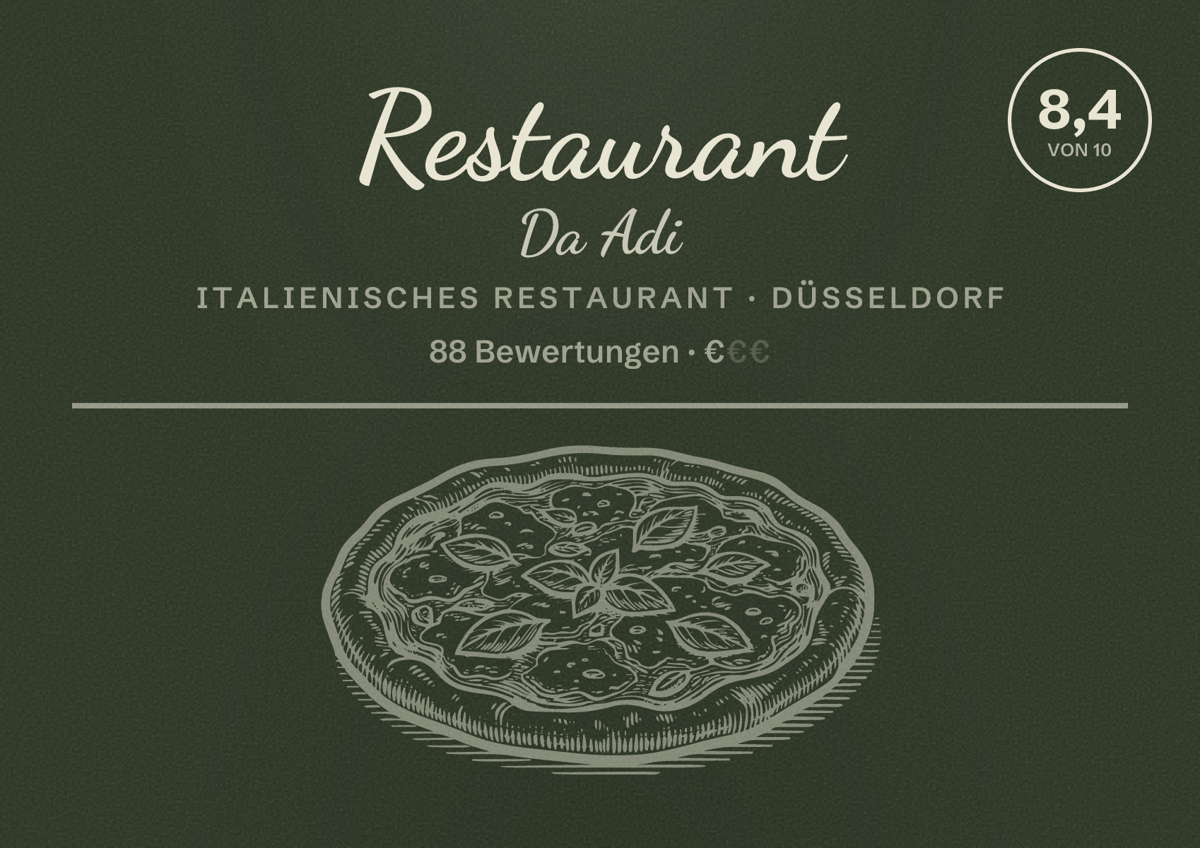 Illustriertes Poster von Restaurant Da Adi, Italienisches Restaurant in Düsseldorf: Bewertung 8,4 von 10 aus 88 Bewertungen, Preisniveau €