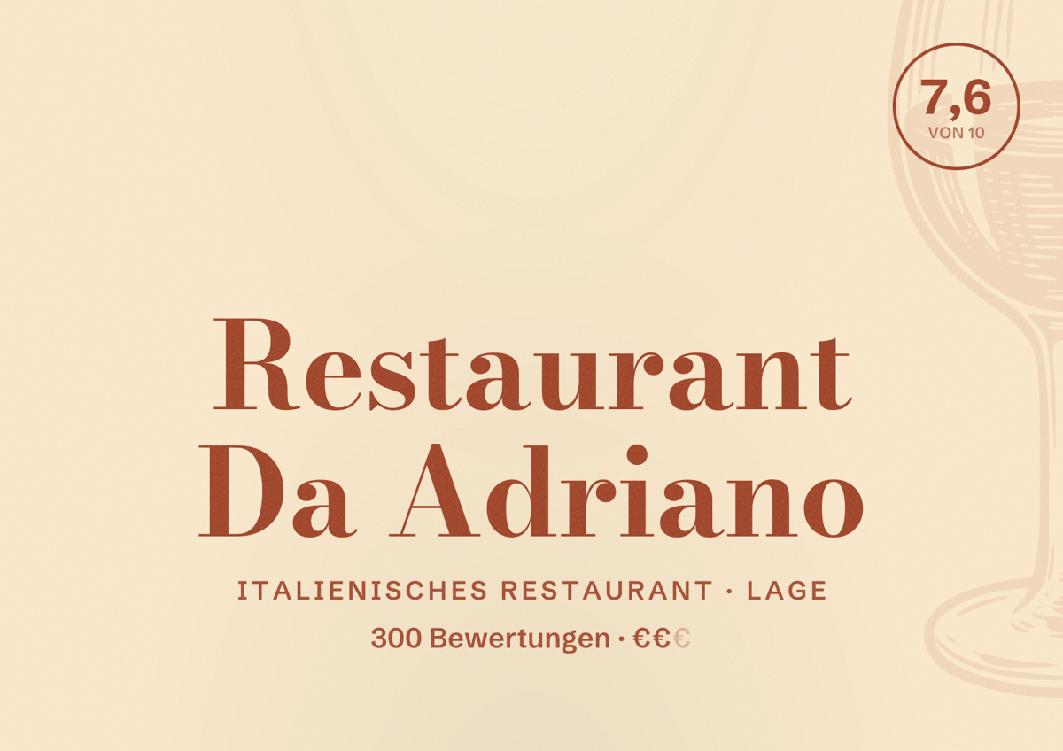 Illustriertes Poster von Restaurant Da Adriano, Italienisches Restaurant in Lage: Bewertung 7,6 von 10 aus 300 Bewertungen, Preisniveau €€