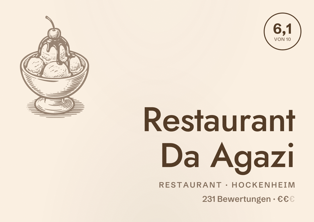 Illustriertes Poster von Restaurant Da Agazi, Restaurant in Hockenheim: Bewertung 6,1 von 10 aus 231 Bewertungen, Preisniveau €€