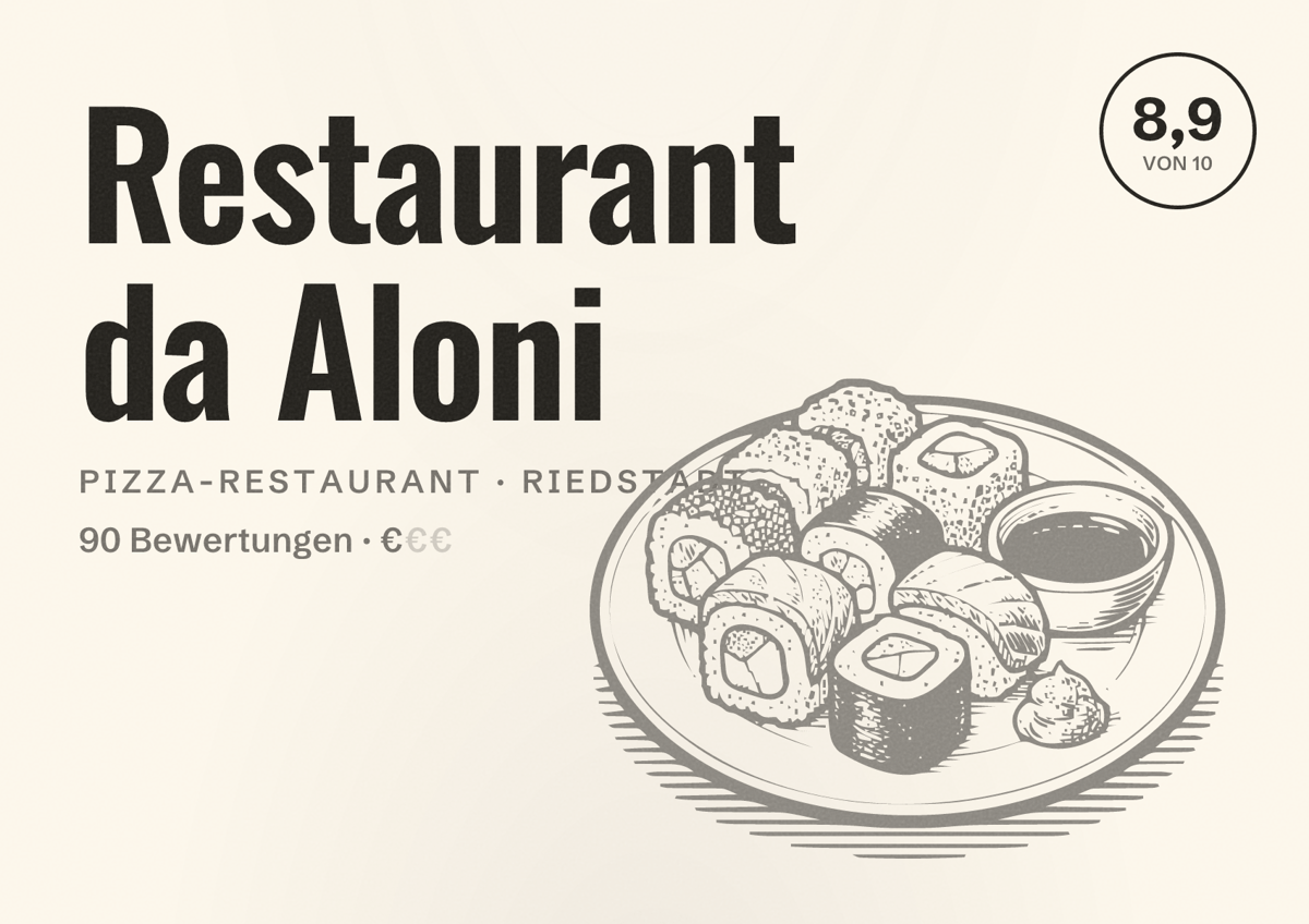 Illustriertes Poster von Restaurant da Aloni, Pizza-Restaurant in Riedstadt: Bewertung 8,9 von 10 aus 90 Bewertungen, Preisniveau €