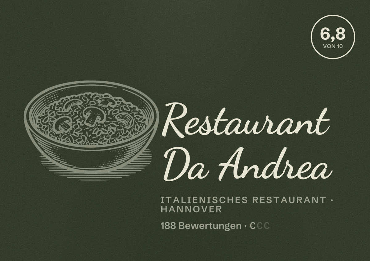 Illustriertes Poster von Restaurant Da Andrea, Italienisches Restaurant in Hannover: Bewertung 6,8 von 10 aus 188 Bewertungen, Preisniveau €