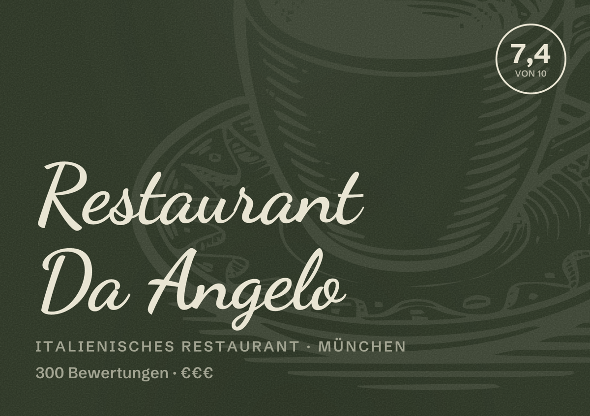 Illustriertes Poster von Restaurant Da Angelo, Italienisches Restaurant in München: Bewertung 7,4 von 10 aus 300 Bewertungen, Preisniveau €€€