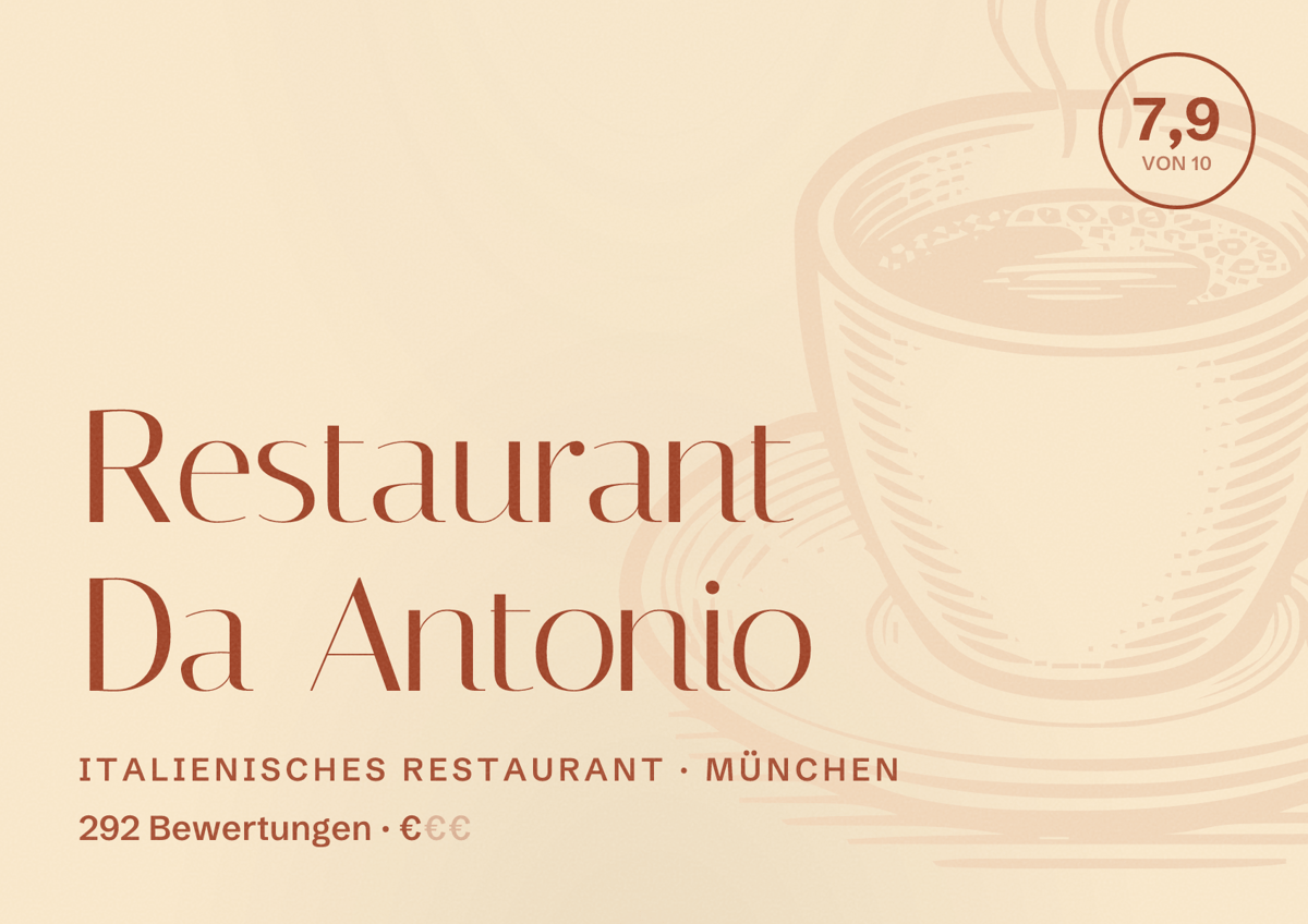 Illustriertes Poster von Restaurant Da Antonio, Italienisches Restaurant in München: Bewertung 7,9 von 10 aus 292 Bewertungen, Preisniveau €