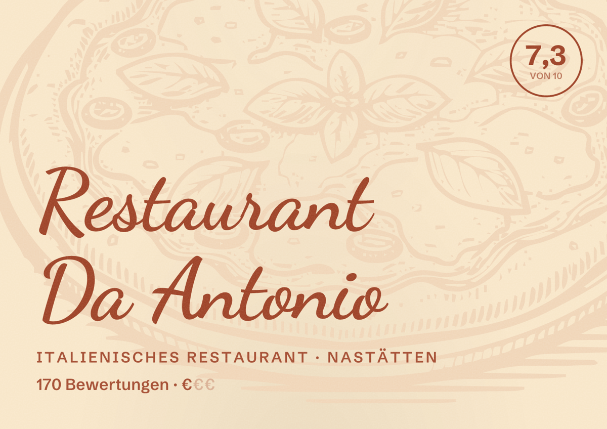 Illustriertes Poster von Restaurant Da Antonio, Italienisches Restaurant in Nastätten: Bewertung 7,3 von 10 aus 170 Bewertungen, Preisniveau €